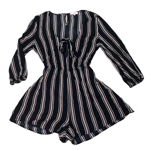 Re:Named Black Striped Romper with V-Neck and Tie, Keyhole Back, 3/4 Sleeve - Picture 1 of 5